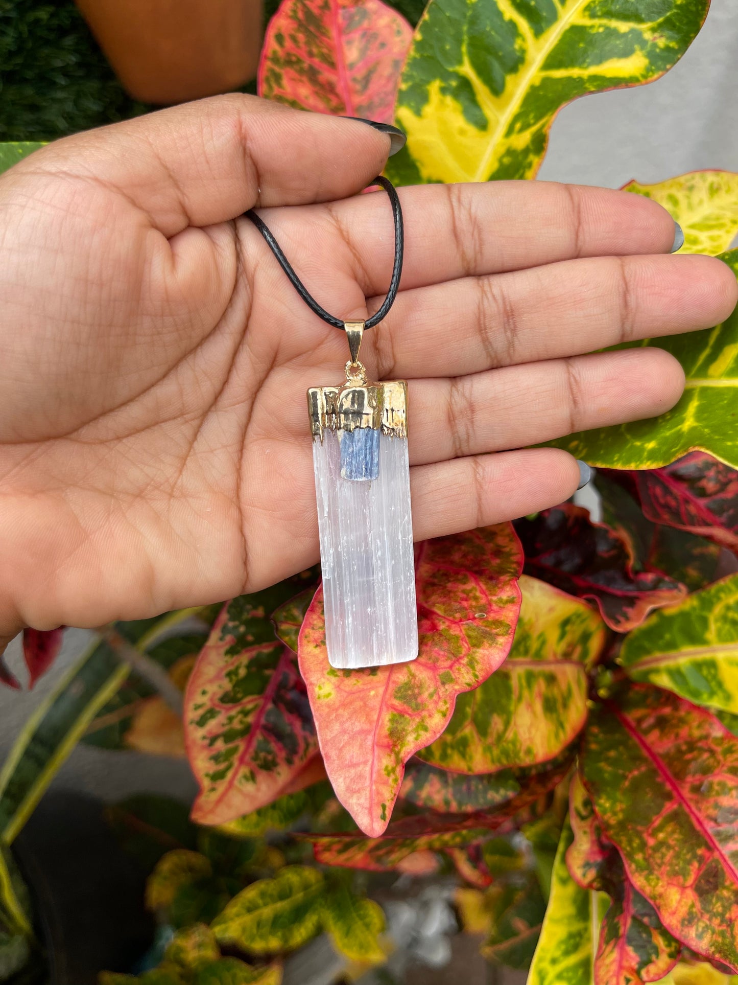 Selenite & Blue Kyanite Gold Electroplated Necklace