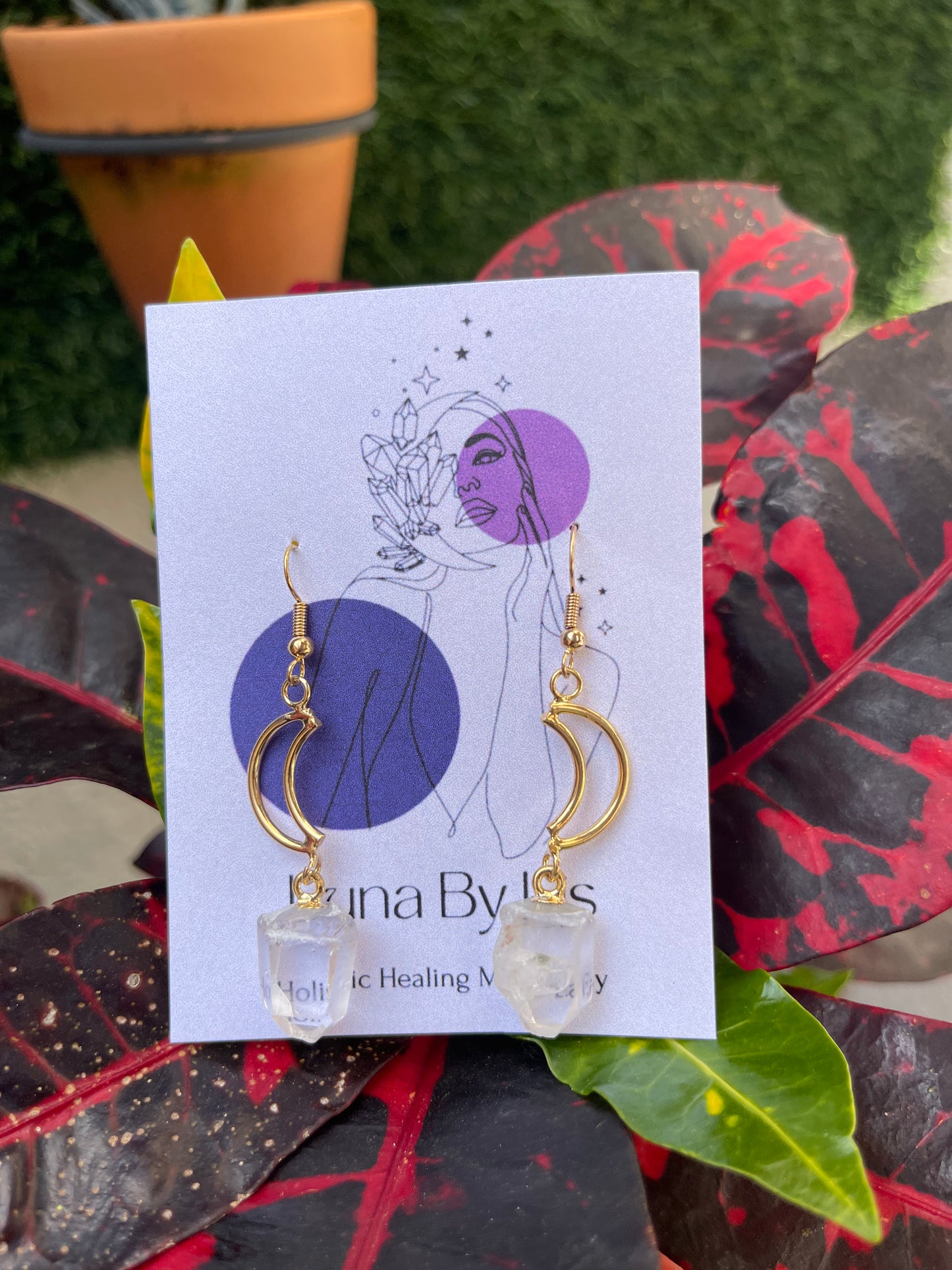 Gold Plated Crescent Moon Dangling Gemstone Earrings
