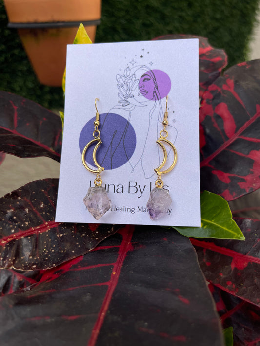 Gold Plated Crescent Moon Dangling Gemstone Earrings